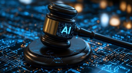 Gavel with the letters 'AI' on it, resting on a digital circuit board background, symbolizing the intersection of artificial intelligence and law