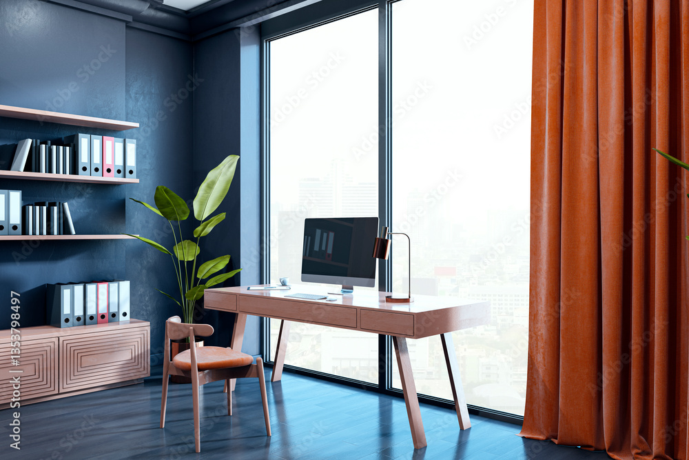 Poster modern executive office with wooden desk, chair, and large window overlooking cityscape. elegant wor