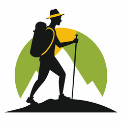 Silhouette of a Trekker with Walking Stick on a Mountain Trail – Adventure and Nature