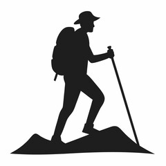 Silhouette of a Trekker with Walking Stick on a Mountain Trail – Adventure and Nature