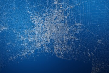 Stylized map of the streets of Bangkok (Thailand) made with white lines on abstract blue background lit by two lights. Top view. 3d render, illustration