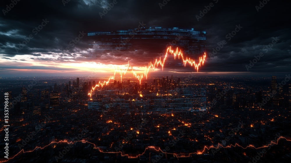 Poster dramatic cityscape at sunset with stock market graph overlay and futuristic spaceship object in a st