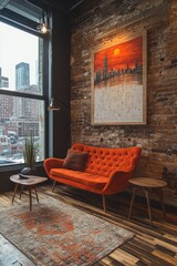 Cozy apartment with brick wall, vibrant sofa, and cityscape view through window