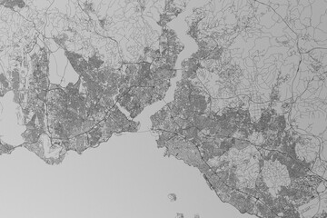 Map of the streets of Istanbul (Turkey) made with black lines on grey paper. Top view. 3d render, illustration