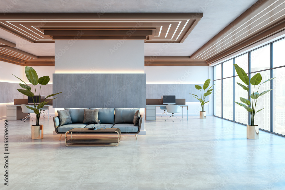 Poster modern business center lobby with stylish interior design. 3d rendering
