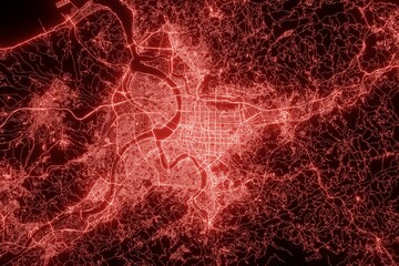 Street map of Taipei (Taiwan) made with red illumination and glow effect. Top view on roads network. 3d render, illustration