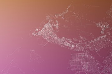 Map of the streets of Abu Dhabi (UAE) made with white lines on pinkish red gradient background. Top view. 3d render, illustration