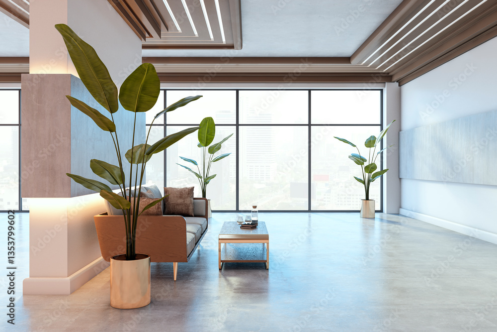 Poster modern waiting area with stylish interior design and natural light. 3d rendering