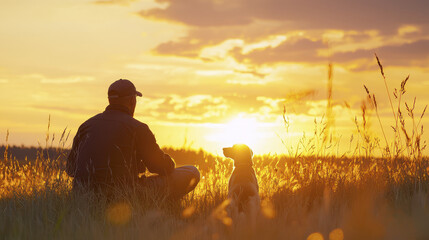 serene moment of person and dog enjoying sunset in grassy field, capturing bond between them