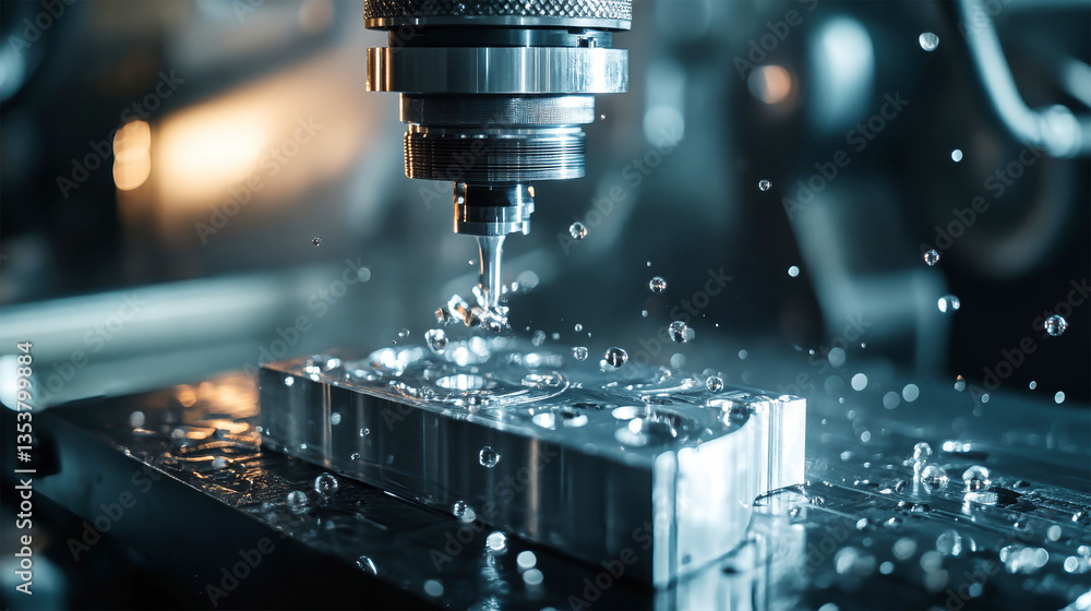 Poster crafting precision in a japanese-inspired factory setting with a cnc machine and glistening water dr