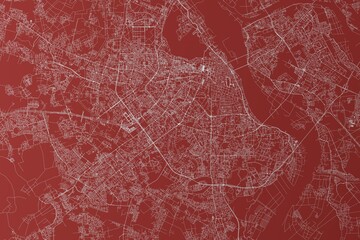 Map of the streets of Hanoi (Vietnam) made with white lines on red background. Top view. 3d render, illustration