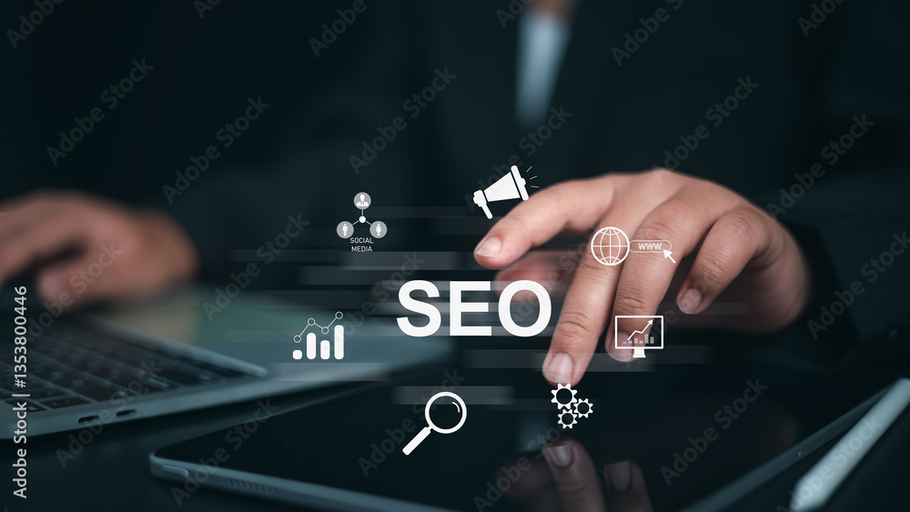 Poster businessman using a computer for analysis, seo search engine optimization marketing ranking traffic 
