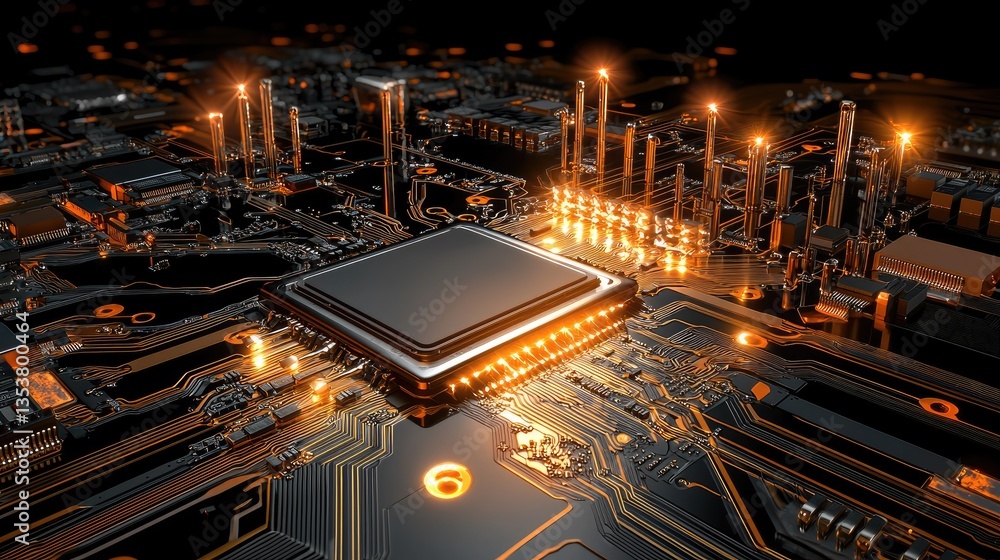 Aufkleber electronic evolution concept with high-tech motherboard circuits and artificial intelligence nodes.