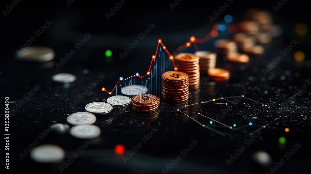 Poster stacks of coins arranged to illustrate a rising stock market graph against a dark reflective surface
