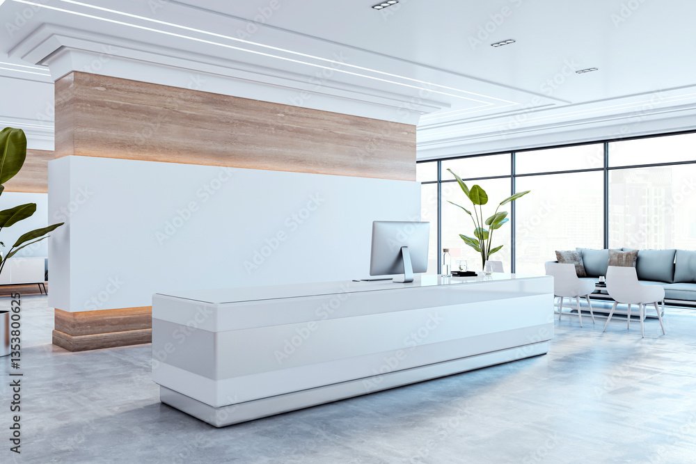 Poster Modern office reception with white desk and computer in spacious interior. 3D Rendering