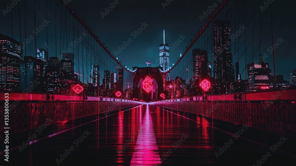 Poster brooklyn bridge at night, glowing with neon blockchain symbols and data particles flowing across, re