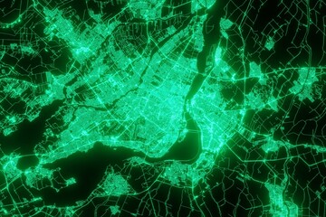 Map of the streets of Montreal (Canada) made with green illumination and glow effect. Top view on roads network. 3d render, illustration