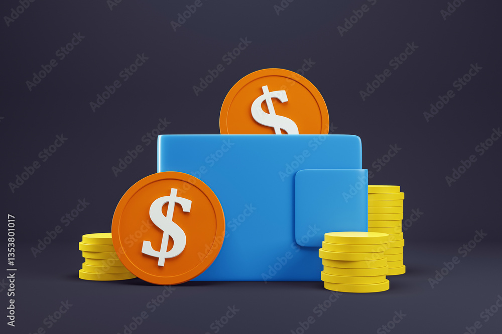 Poster 3d render of a blue wallet with golden coins and dollar symbols on a dark background. financial safe