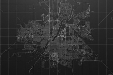 Street map of Saskatoon (Canada) on black paper with light coming from top