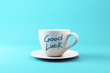 White coffee cup with Good Luck text on a saucer against a light blue background. 3D Rendering