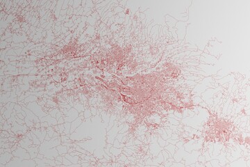 Map of the streets of San Jose (Costa Rica) made with red lines on white paper. 3d render, illustration