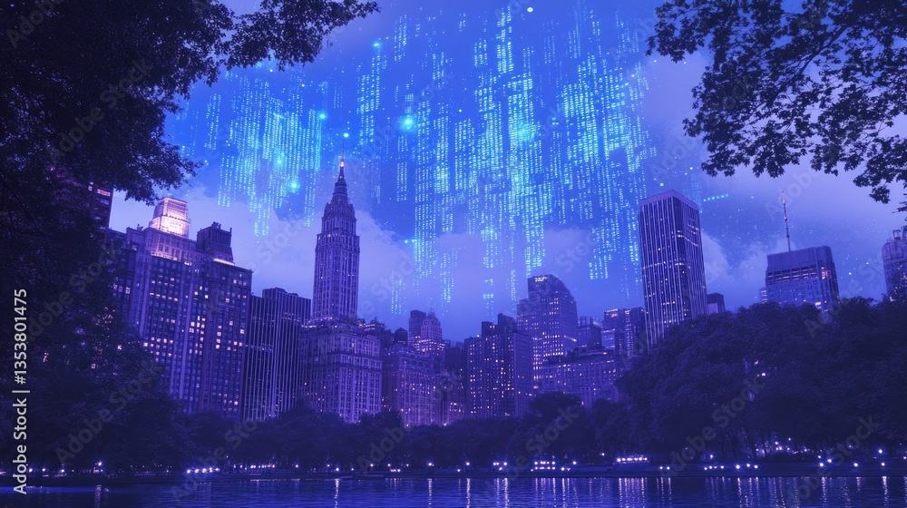 Aufkleber central park at midnight, surrounded by skyscrapers with floating blockchain data clouds, symbolizin