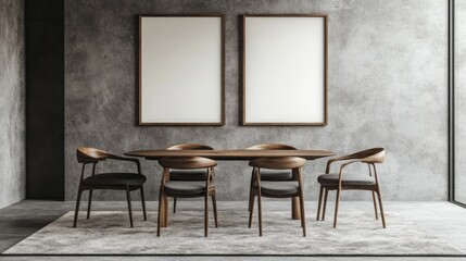 Elegant dining table with chairs against a textured gray wall