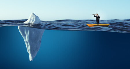 Businessman on small boat looking through telescope at iceberg, symbolizing hidden risks and...