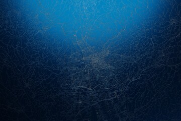 Street map of Graz (Austria) engraved on blue metal background. View with light coming from top. 3d render, illustration