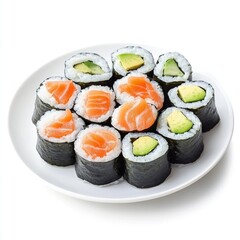 Salmon and avocado maki sushi on a white plate.
