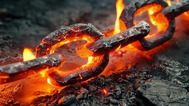 Close Up of Glowing, Molten Chain Industrial Metal Texture with Fiery Strength and Heat, Showcasing Intense Details and Resilience