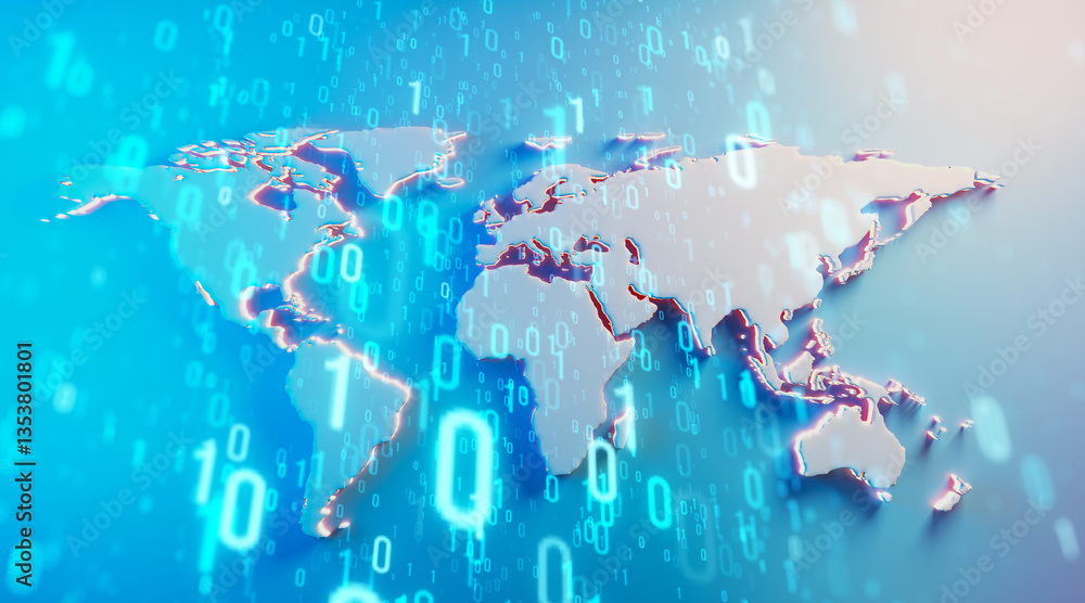Poster Futuristic world map with digital binary code overlay. 3D Rendering