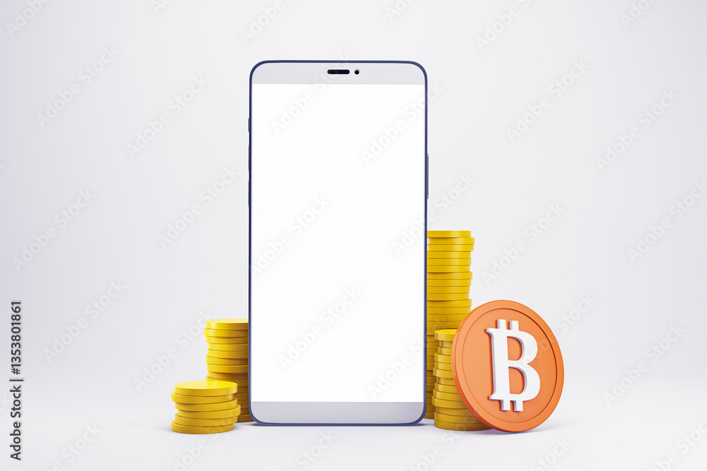 Poster Modern smartphone with blank screen surrounded by Bitcoin coins on a light background. Cryptocurrency trading and digital payment concept. 3D Rendering