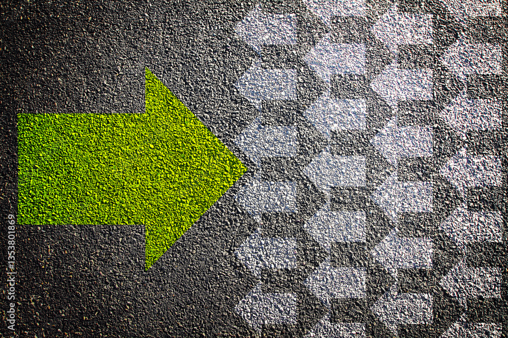 Poster Green right arrow on textured asphalt surface with multiple white arrows fading into the background. Concept of direction, choice, and guidance.