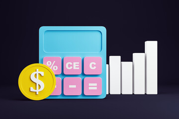 Financial growth concept with blue calculator, gold dollar coin, and bar chart on dark background. 3D Rendering