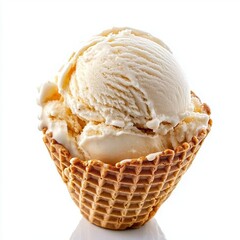 Single scoop vanilla ice cream in a waffle cone.