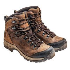 A Pair of Insulated Hiking Boots in Dark Brown Leather Isolated on Transparent Background