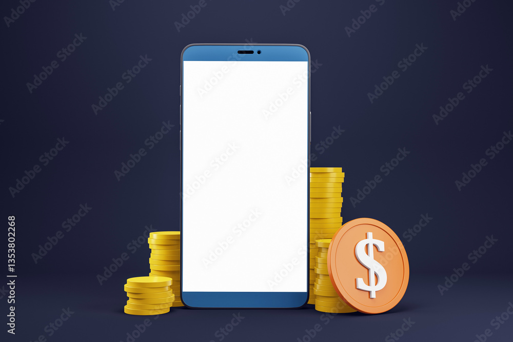 Poster smartphone with blank screen surrounded by gold coins and dollar symbol on dark background. digital 