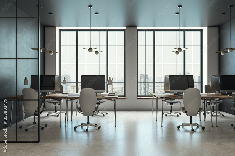 Poster modern office interior with large windows and city view. 3d rendering
