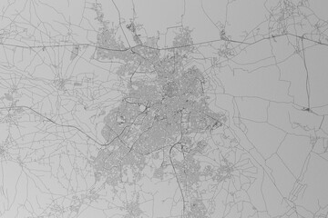 Map of the streets of Nicosia (Cyprus) made with black lines on grey paper. Top view. 3d render, illustration