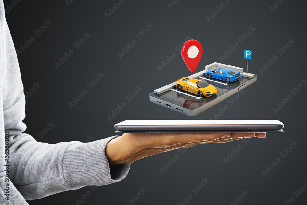 Poster Digital carsharing concept with smartphone displaying parking and GPS location.