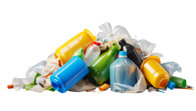 Pile of Mixed Plastic Waste in Garbage Bags on a White Background