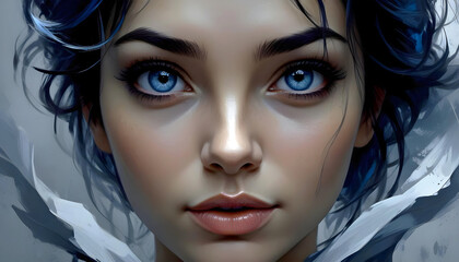 Fototapeta premium Depth of Blue Eyes: Mysterious Portrait of a Girl with Blue Eyes. Illustration.
