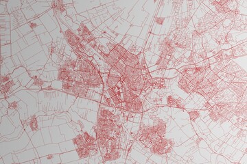 Obraz premium Map of the streets of Utrecht (Netherlands) made with red lines on white paper. 3d render, illustration