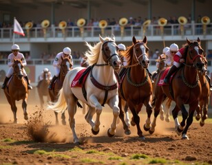 Exciting horse race at a sunny afternoon event featuring multiple riders and galloping horses