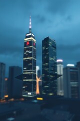 Obraz premium Two skyscrapers at dusk, city lights blurred.