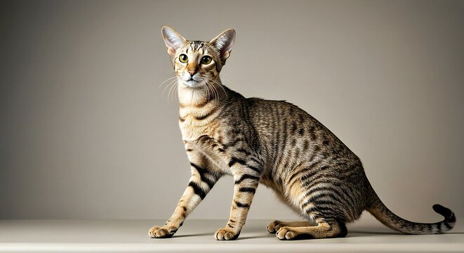 Capture a Sokoke Cat in a High-Key Portrait, Emphasizing Its Lean, Elegant Form and Natural Beauty Against a Soft, Neutral Backdrop_
