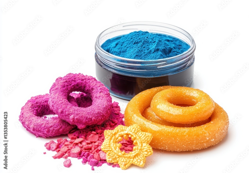 Poster vibrant colorful powders and sweets spilling from a container against a white background with artist