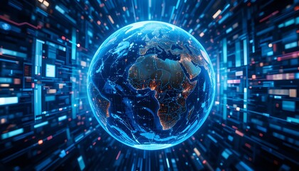 Obraz premium Global Network Earth with Digital Data Flow