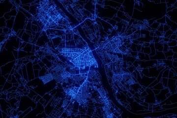 Street map of Yaroslavl (Russia) made with blue illumination and glow effect. Top view on roads network